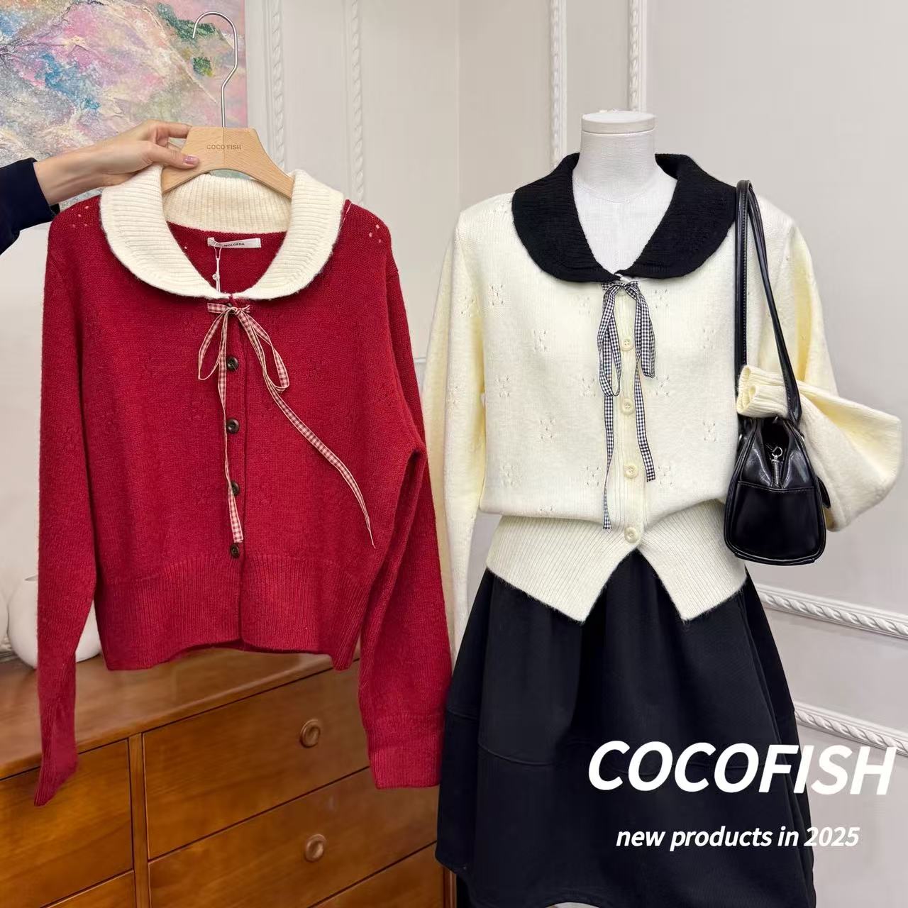 甜美娃娃领系带针织毛衣开衫外套#605476