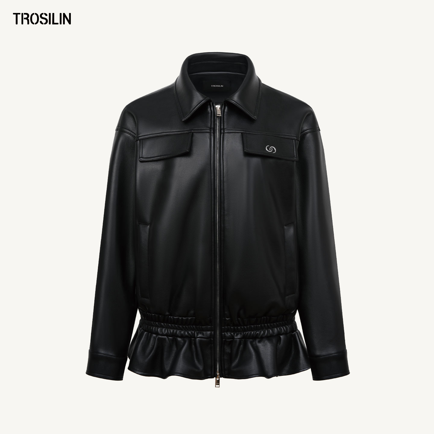 TROSILIN25秋冬 翻领拉链荷叶边廓形蛋白皮夹克修身A2510JK11BK