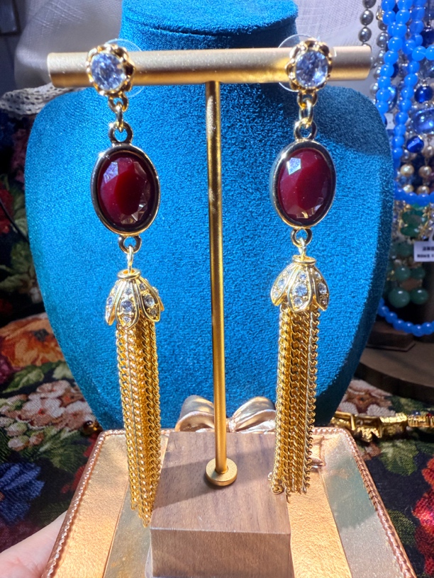 铜合金琉璃耳饰 中古Vintage红色琉璃长款金色流苏耳坠手工耳环