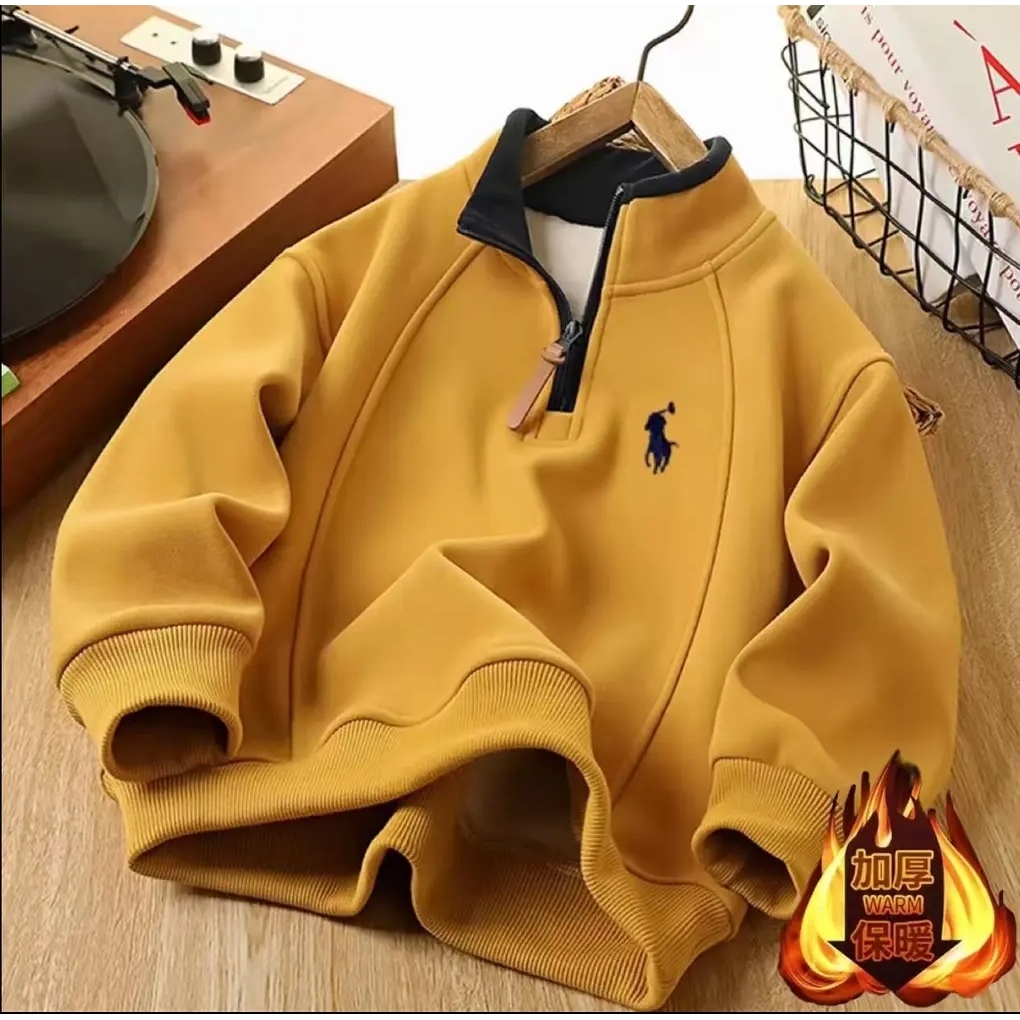 新款冬季男童加绒刺绣卫衣一体绒立领上衣