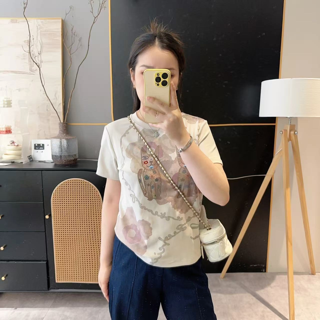 【欧加粒粒】卡通刺绣花朵猫咪印花百搭宽松显瘦时尚短袖T恤 H82545