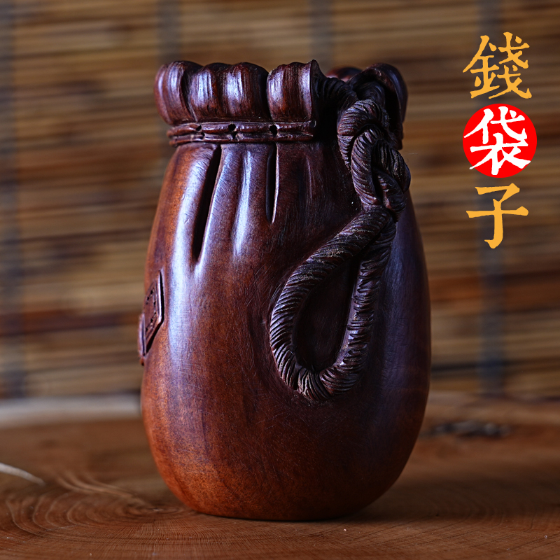 雷击枣木钱袋子摆件文玩木雕男士随身把玩件