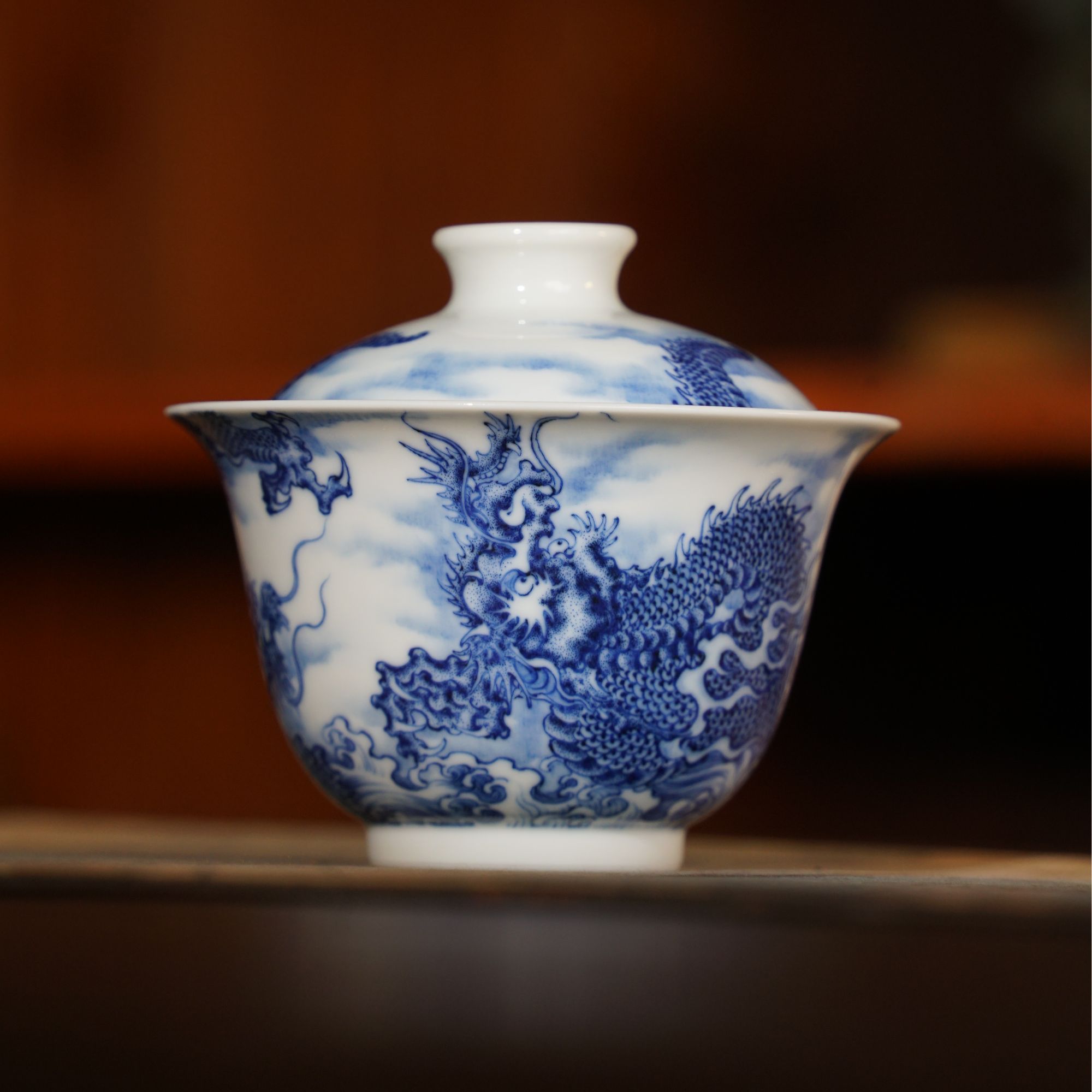 秋山草堂双龙出海撇口盖碗