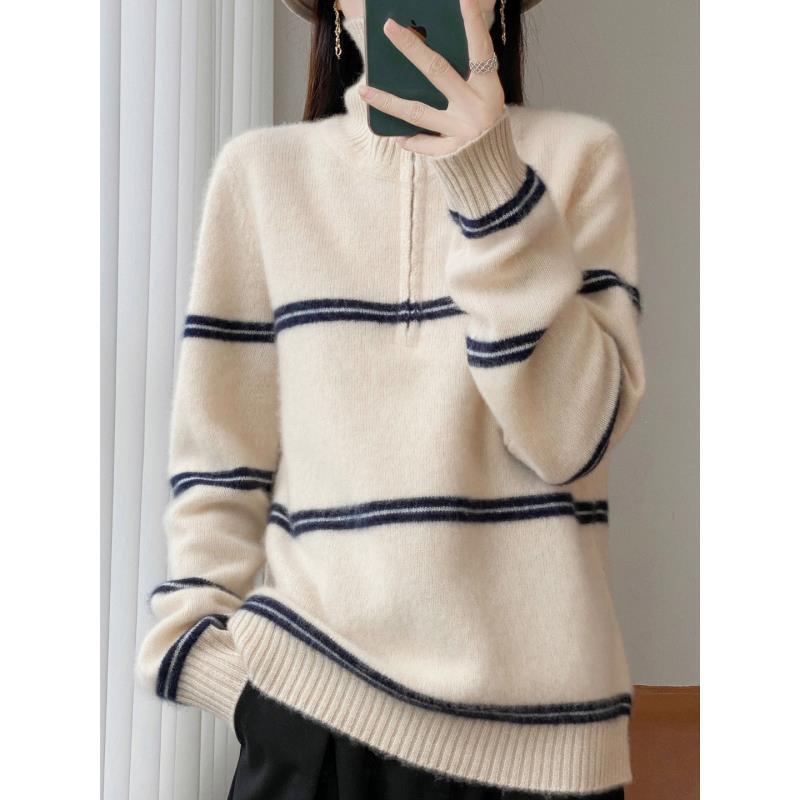 100%纯羊毛七针加厚半拉链横纹女士羊毛上衣D454