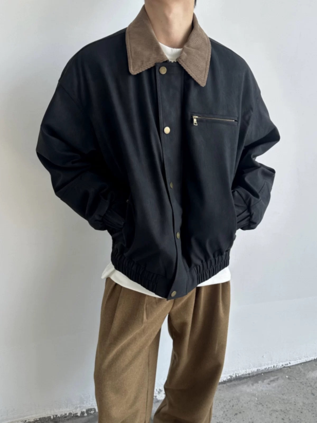 六六 美式复古灯芯绒拼接PU皮廓形夹克春秋款重磅短款工装外套