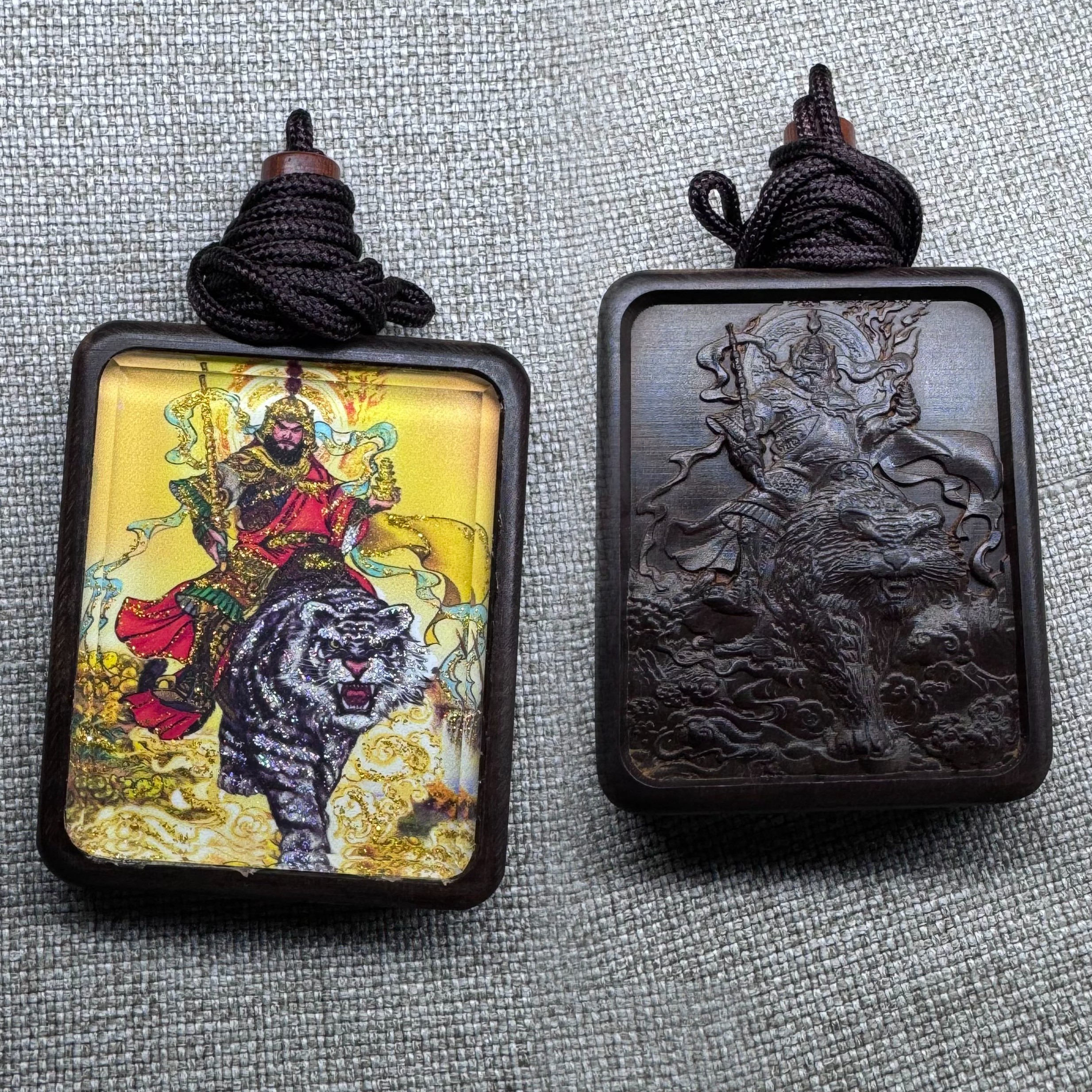 赵公明五路财神唐卡吊坠木制挂件枣木玉化木牌挂坠