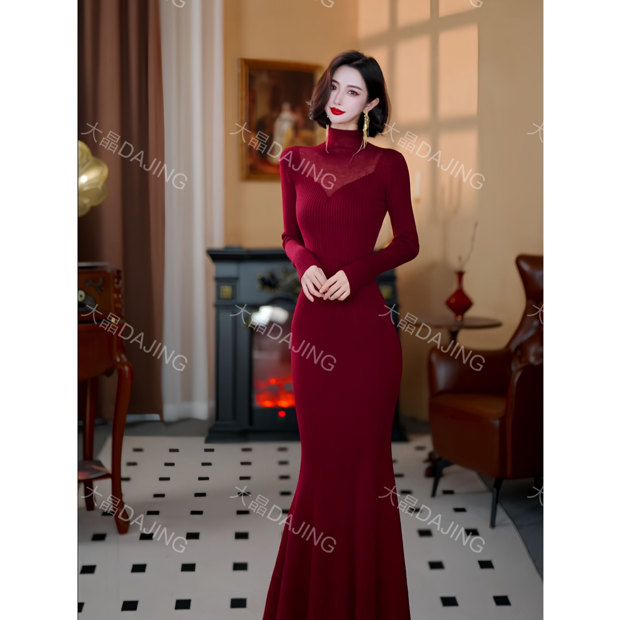 【苏伊专属】“绛色涟漪”秋冬季新款绵羊毛坑条高领收腰连衣裙SDJ023