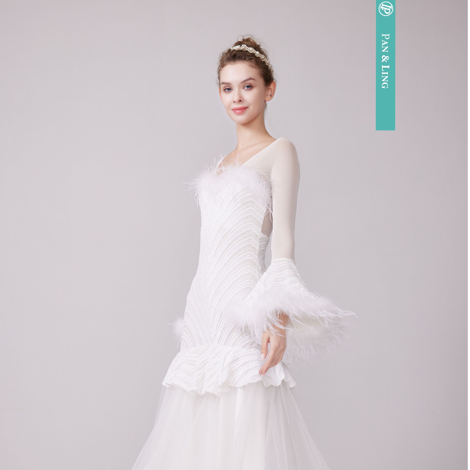 【LP舞服】原创设计-重工亮片鸵鸟毛表演连衣裙气质修身显瘦蕾丝