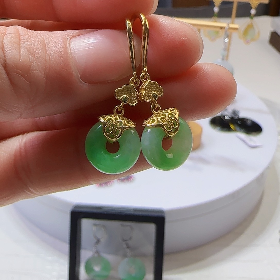 翡翠耳饰银S925镶嵌天然缅甸a货翡翠