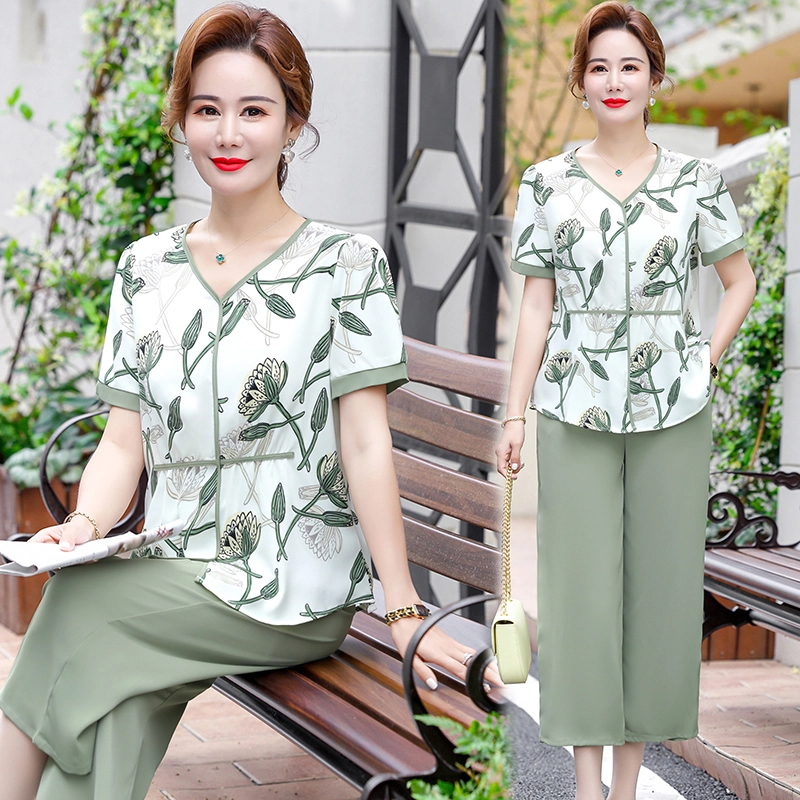 妈妈夏装套装洋气中老年雪纺衫上衣服女大码老人T恤两件套显瘦