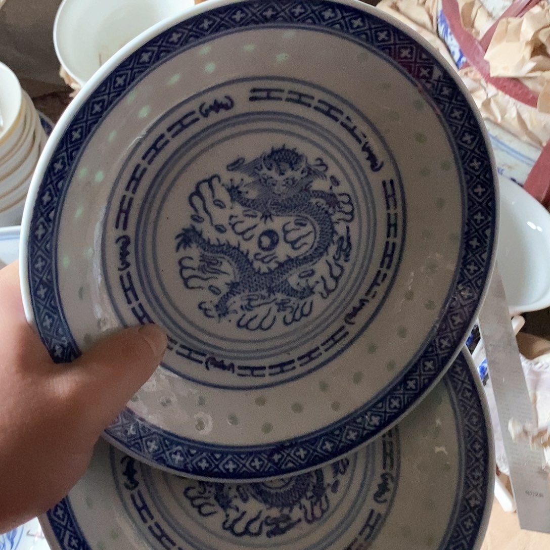 摆件7寸青花玲珑瓷盘拍6发8