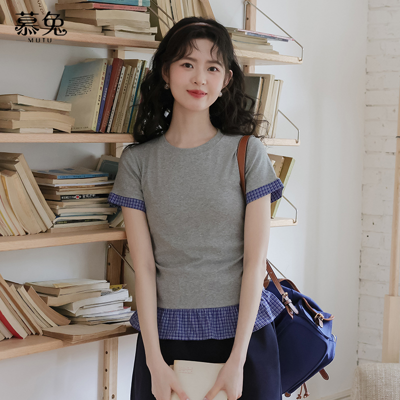 慕兔韩系格子拼接假两件短袖t恤女2025夏季新款修身显瘦正肩上衣