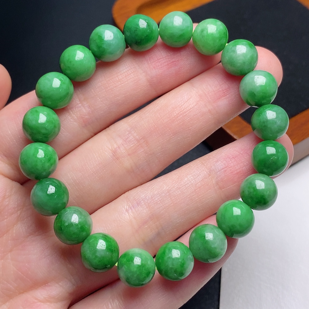 缅甸天然a货翡翠冰润辣绿满绿圆珠手链卡9mm绿色精美满色