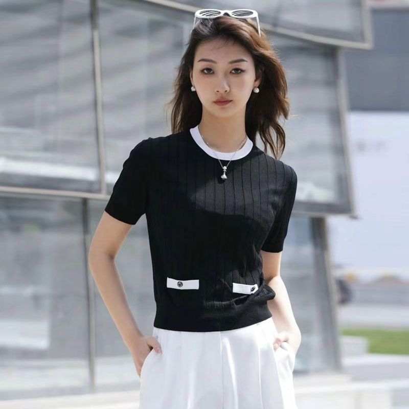 {专柜}商场同款2025夏季拼色圆领小香风坑条针织衫短袖T恤5399725