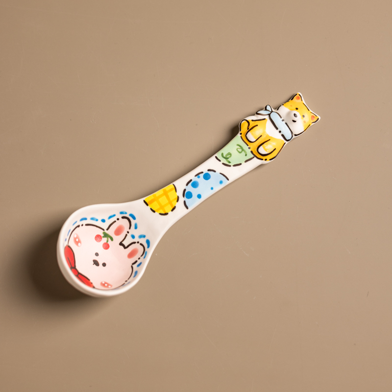 318立体柯基兔子手绘陶瓷大勺子马克杯