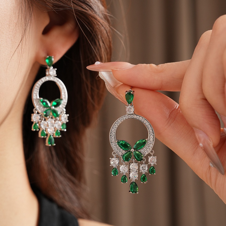 铜合金合成锆石耳饰 925银针满钻蝴蝶亮晶晶耳饰宫廷风显气质耳环