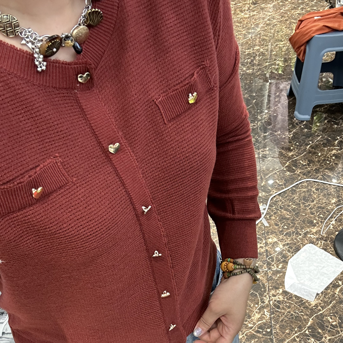 短款针织V领圆领女长袖毛针织衫衫衬衫红色秋季