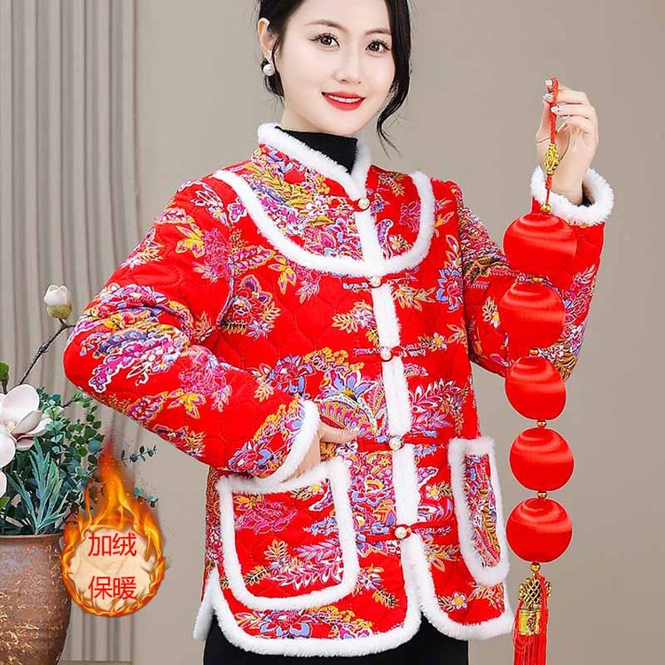 东北大花袄女冬季加绒加厚民族风碎花棉服中老年女洋气唐装花棉袄