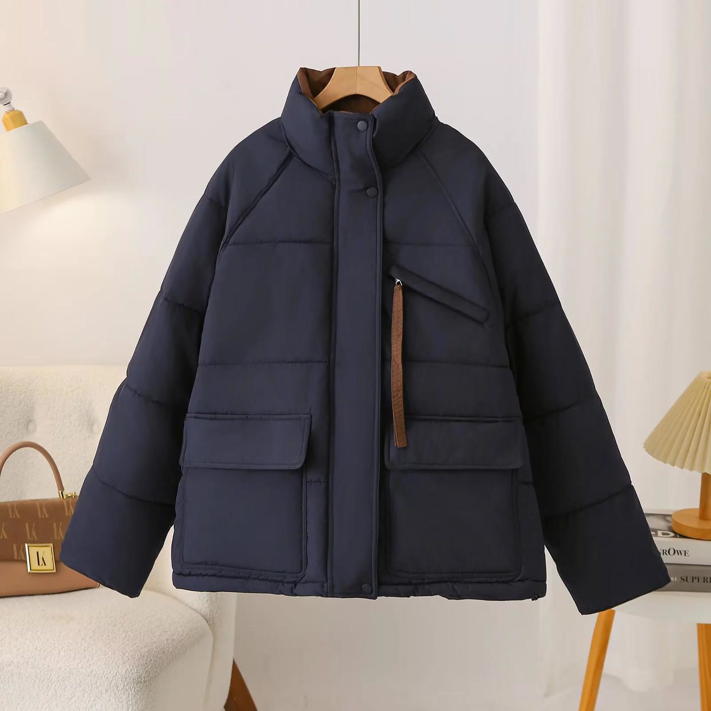 星玥2025大码女装冬装胖mm胸口拉链工装口袋棉袄撞色立领棉衣女