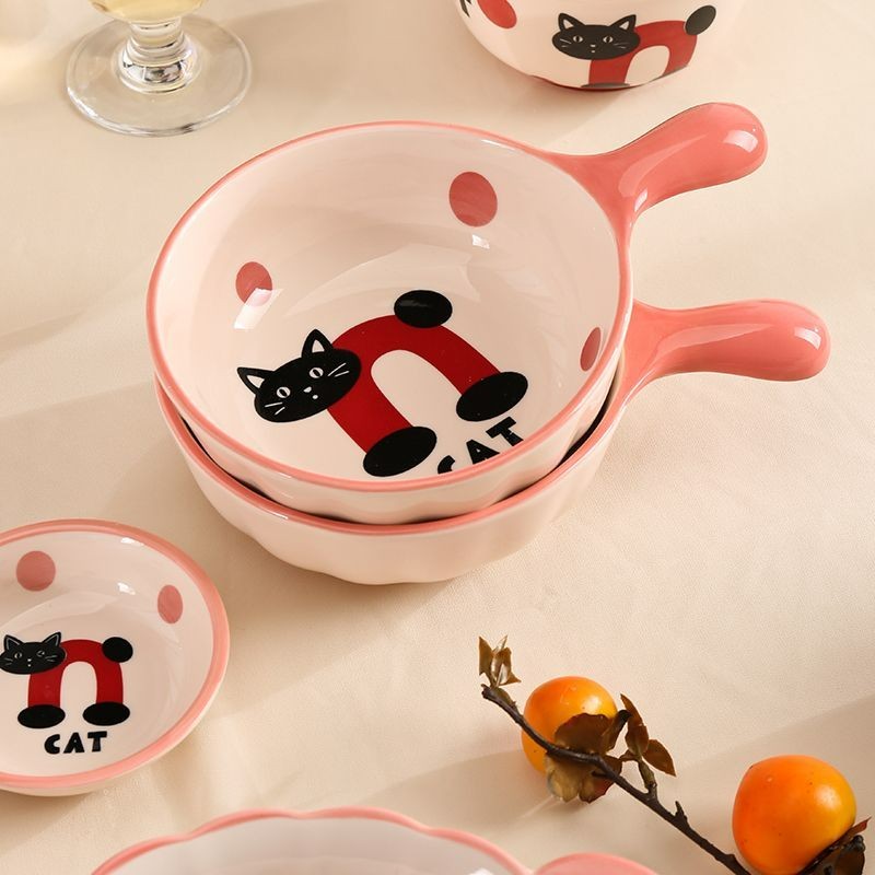 【2个装】NONO猫6寸手柄碗陶瓷沙拉碗可爱耐热汤碗易清洗釉下彩