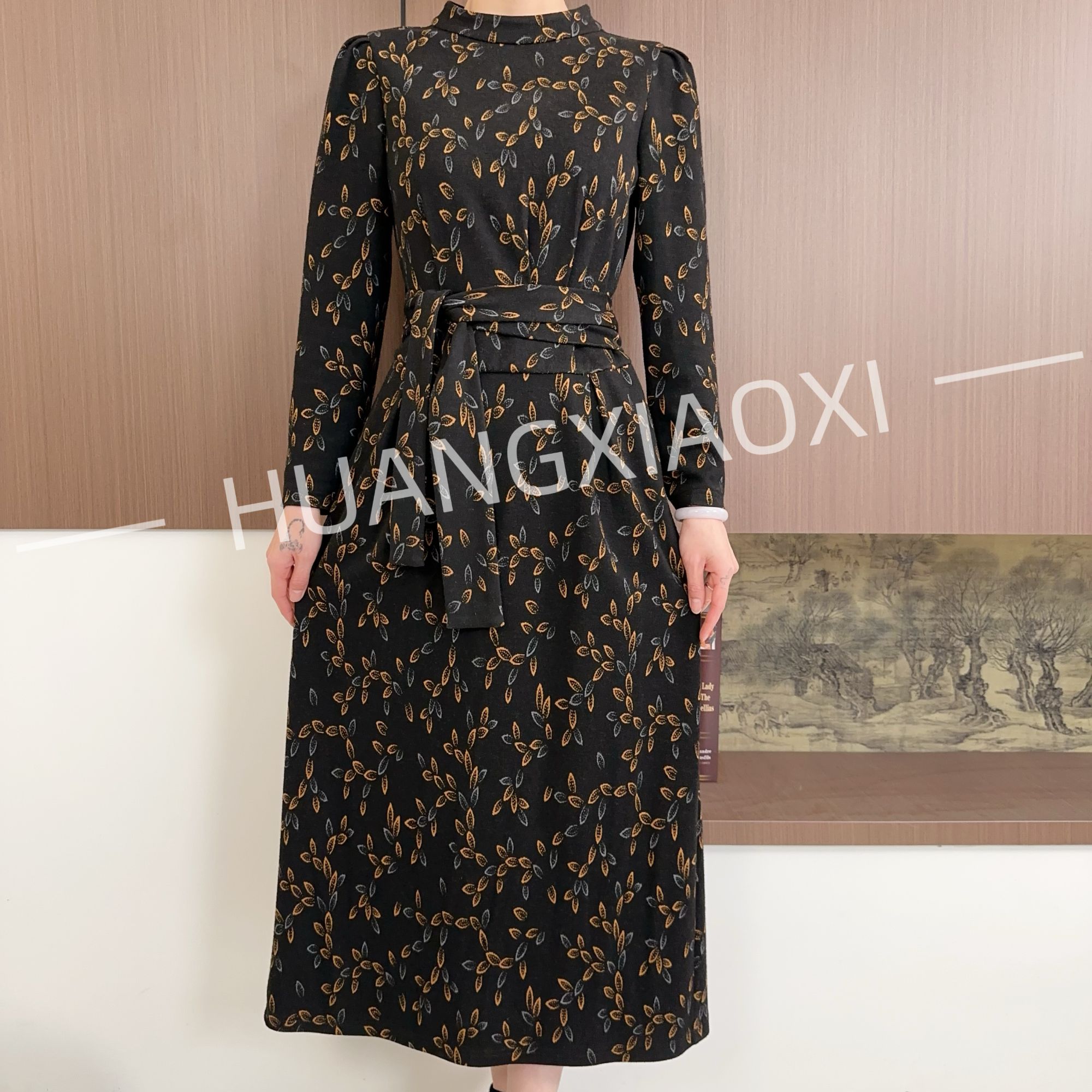 HUANGXIAOXI 黑底小树叶秋冬款修身气质连衣裙ZF-G36