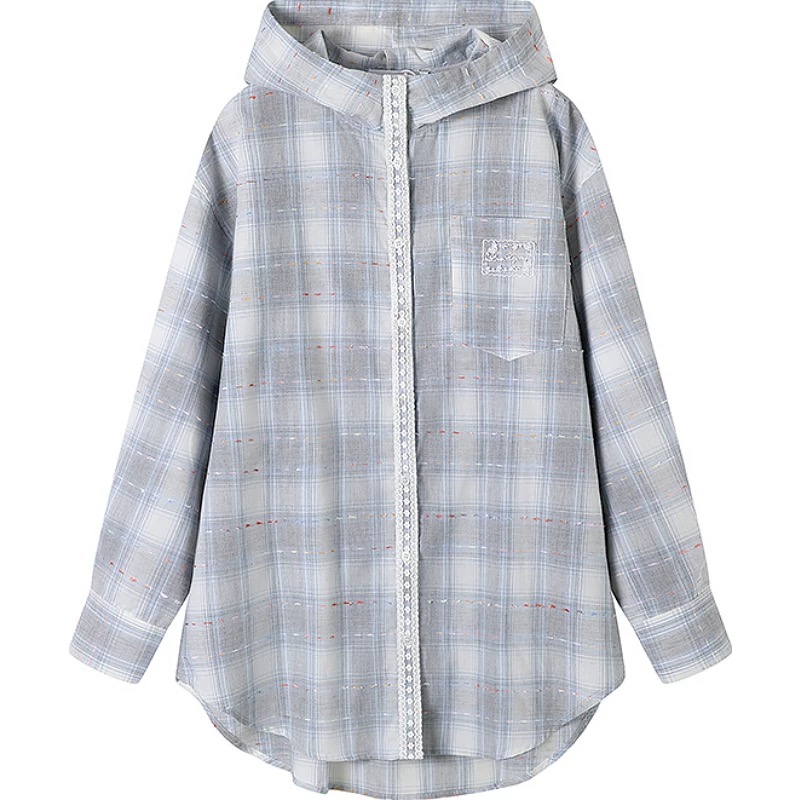 S214 蕾丝边连帽灰色格子长袖衬衫早秋宽松慵懒风衬衣