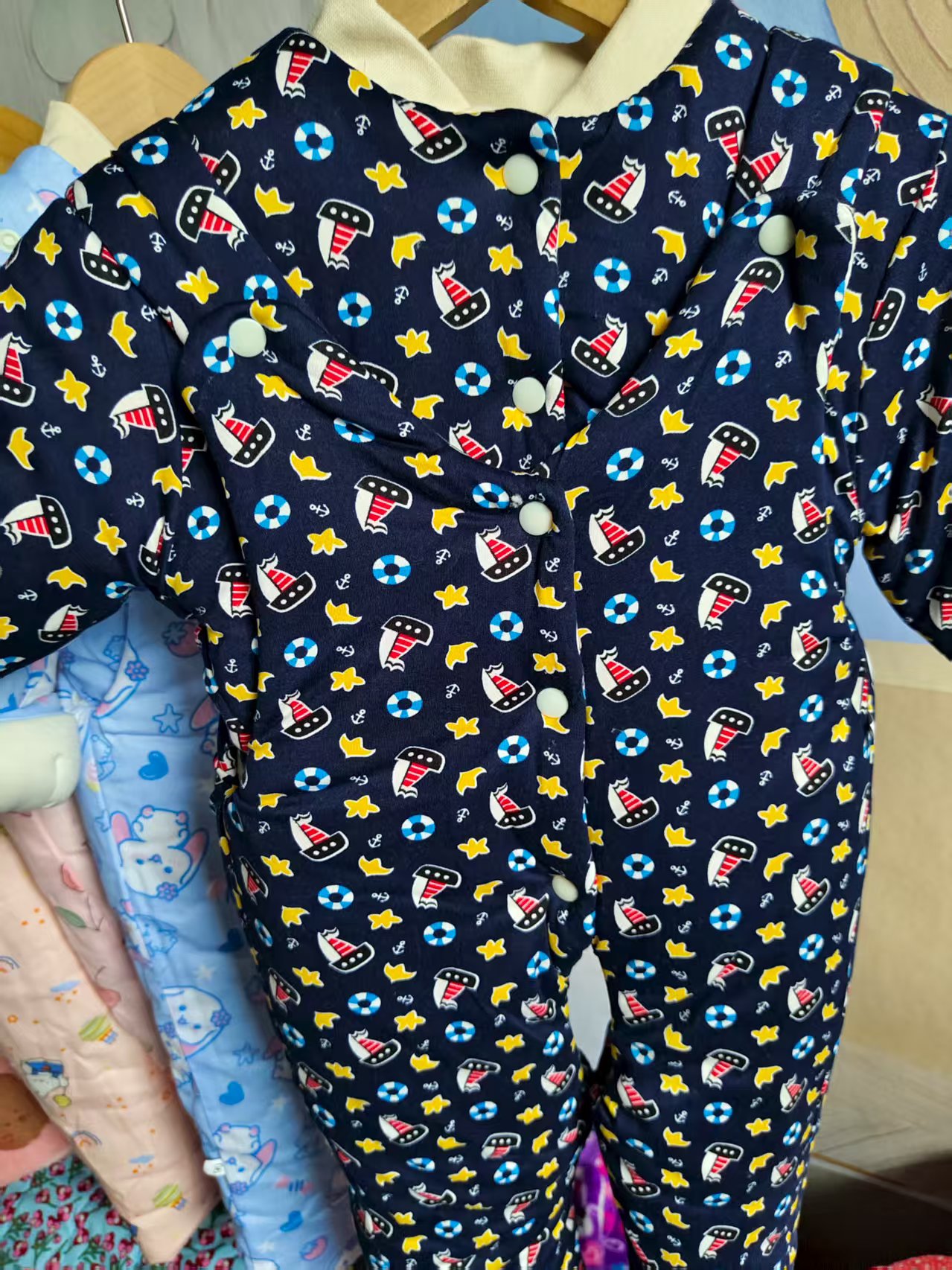 藏青色小星星手工棉花衣牛奶丝上下背带套装