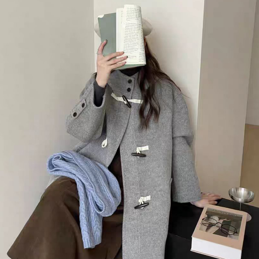 秋冬女款百搭连帽牛角扣双面大衣长款宽松外套