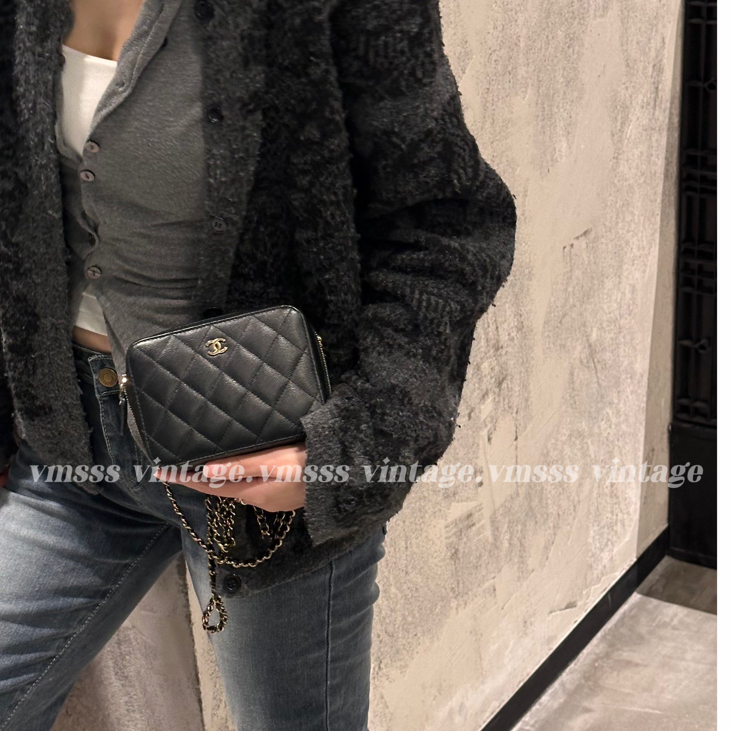 95新 Chanel/香奈儿 相机包黑色牛皮单肩包 芯片款 淡金扣26580