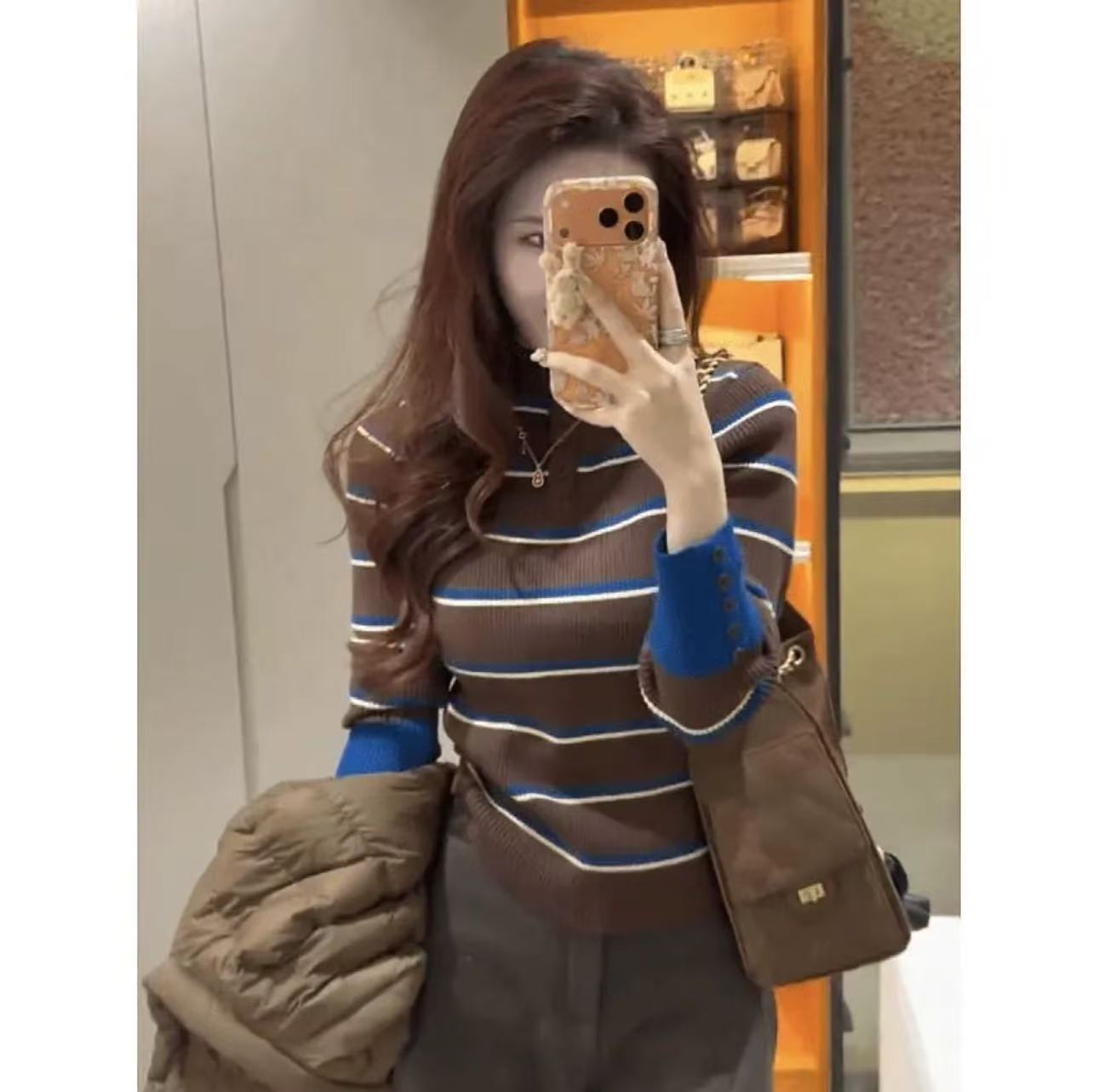 （G728）大码自留款复古撞色条纹半高领毛衣女秋冬保暖显瘦长袖针织