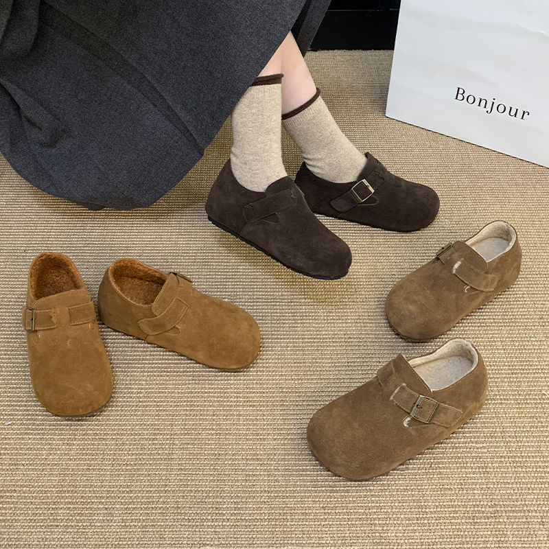 913-17#真皮勃肯鞋毛毛鞋牛皮加绒一脚蹬复古5cm内增高单鞋25新款