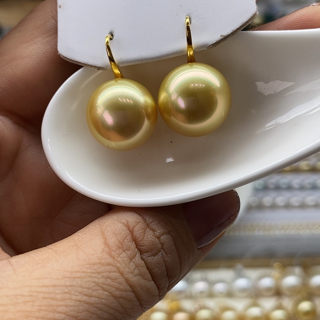 海水珍珠耳饰18K金镶嵌南洋金珠高跟鞋14-15m m