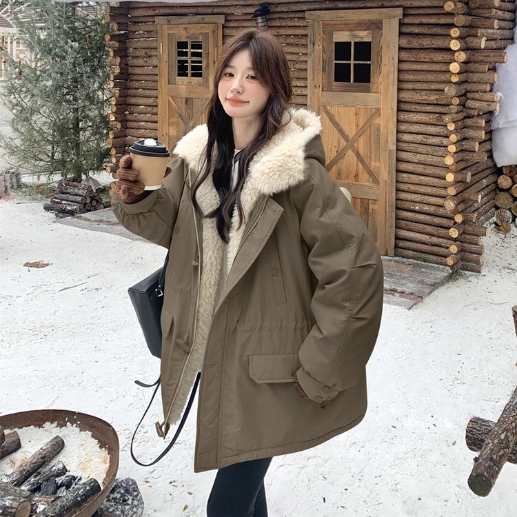 冬季加厚加绒宽松连帽保暖防风派克服中长款百搭洋气女士新款棉服
