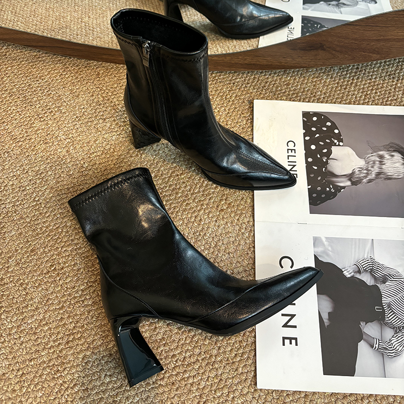 又美又飒！真皮法式高跟短靴女秋冬尖头侧拉链瘦瘦靴粗跟马丁靴