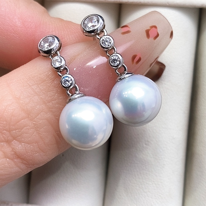 银S925镶嵌耳饰淡水珍珠10-11澳白光超亮
