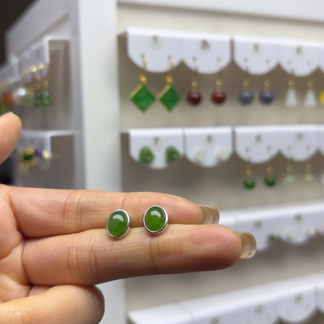 和田玉银S925镶嵌耳饰