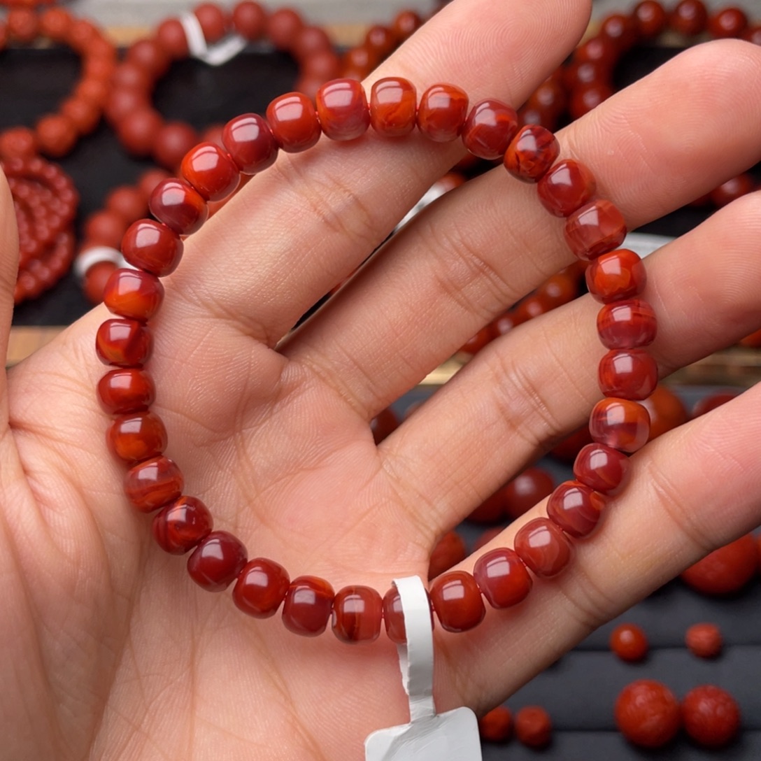南红玛瑙未镶嵌手串H7mm顶品满肉牛血火焰老型手串