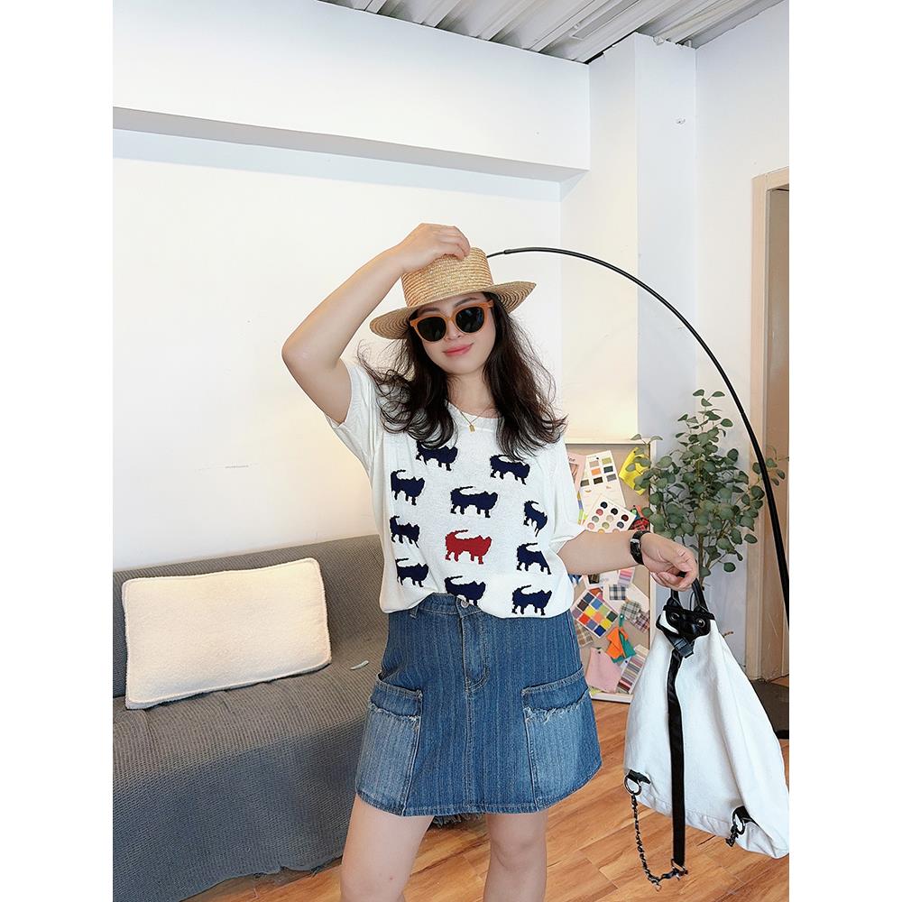 V L22296 胖mm2024夏季新款圆领短袖提花针织衫T恤冰丝上衣