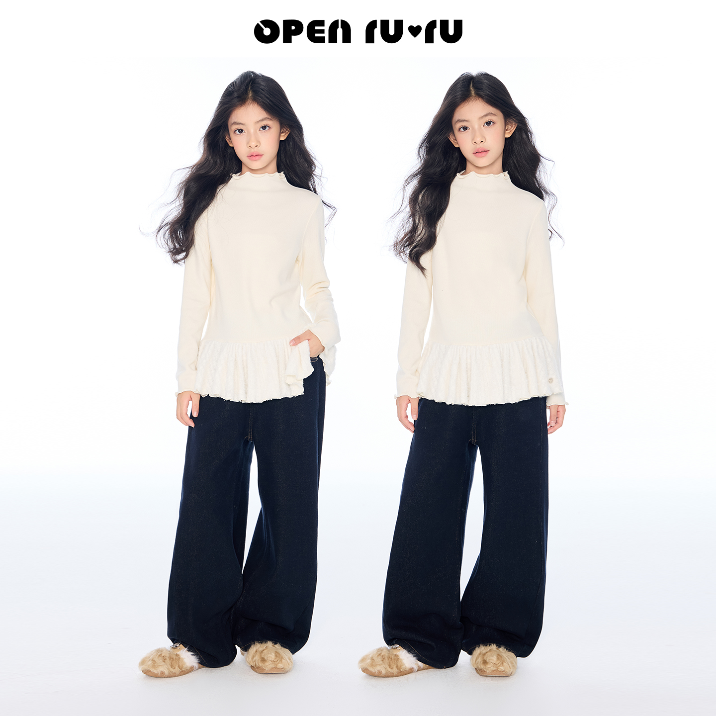 Opennunu女童白色花边长袖上衣冬季设计感加厚保暖百搭打底衫