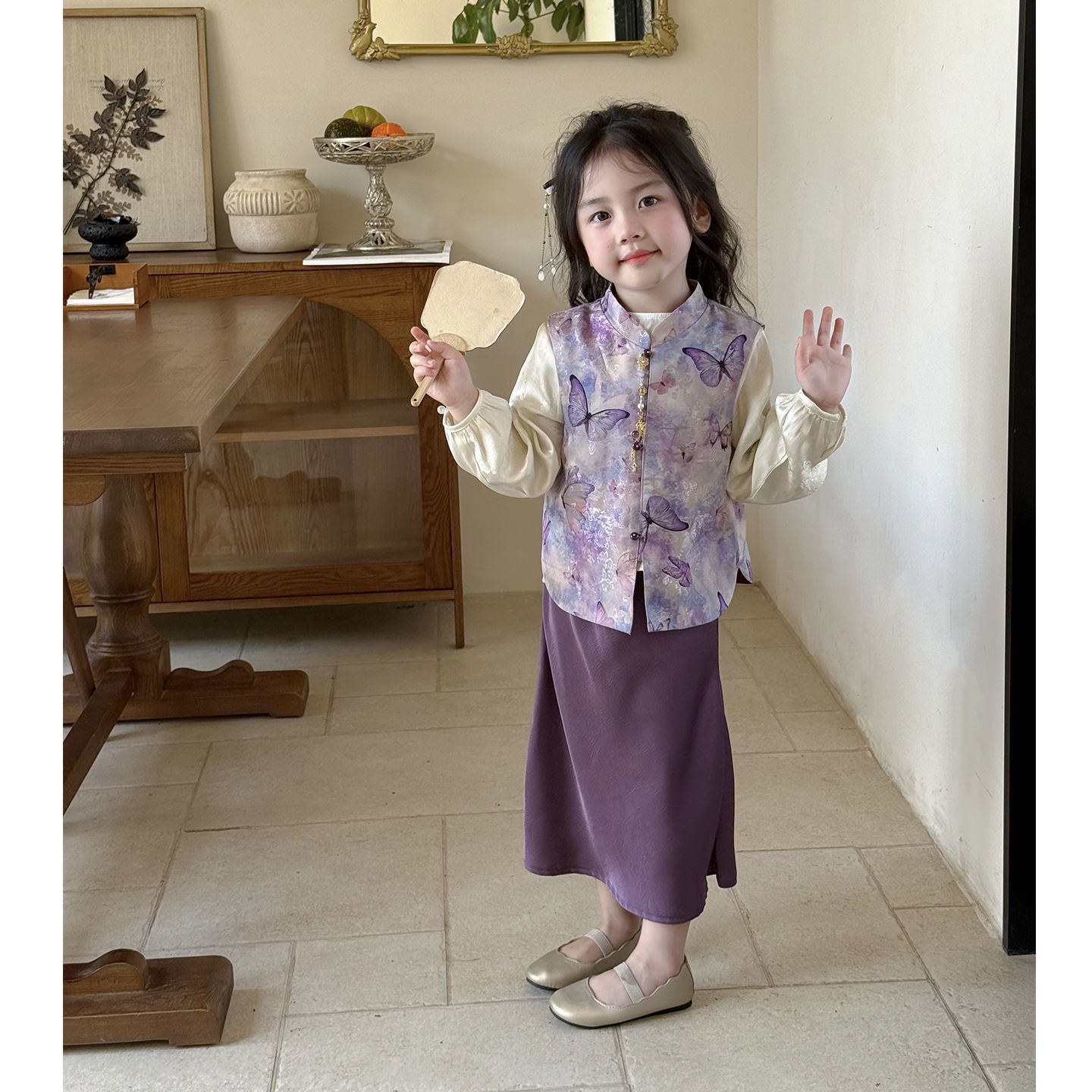 汉服女童国风新中式套装儿童旗袍秋装小女孩紫色蝴蝶马甲裙子