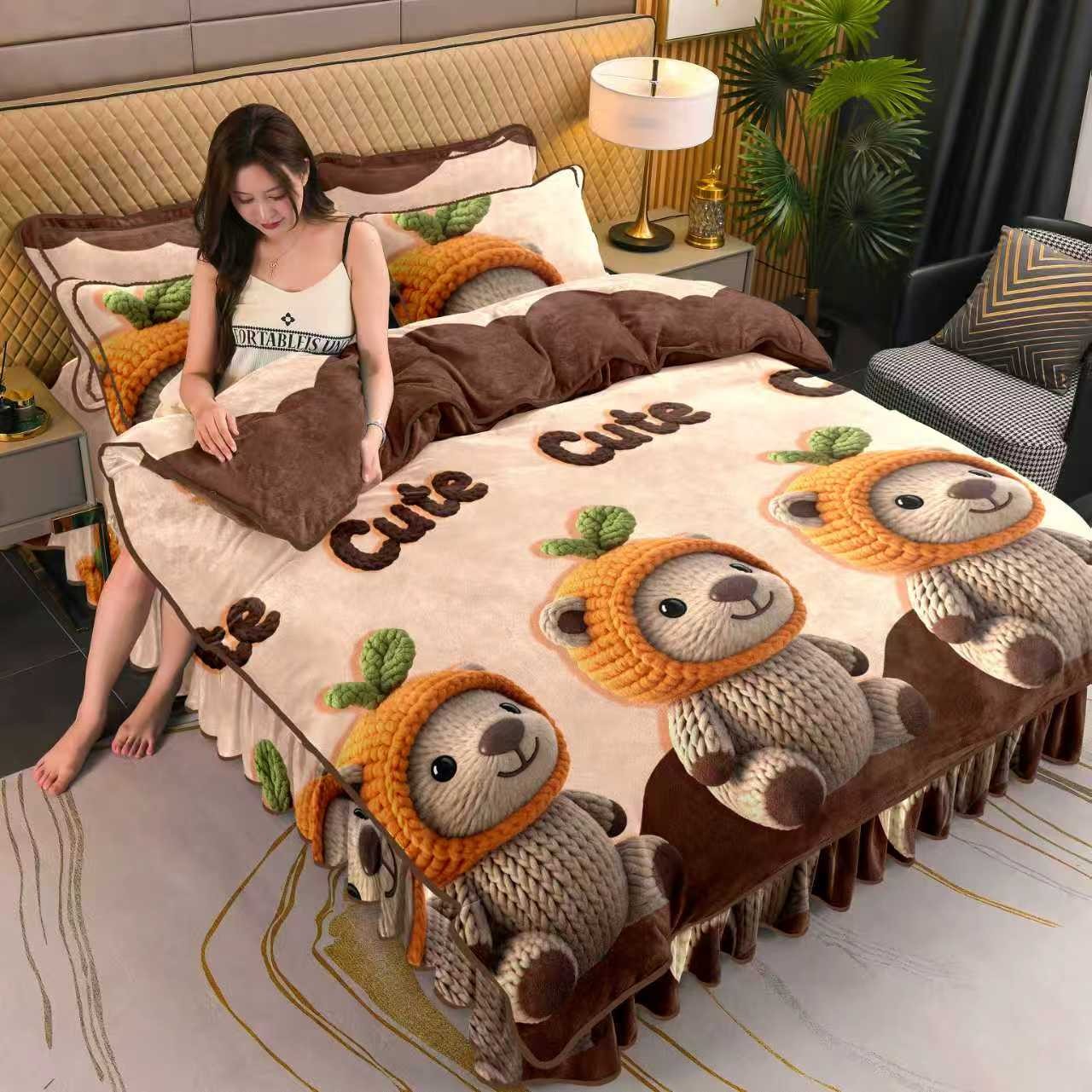 新款加厚牛奶绒四件套秋冬加绒被罩被套防静电床上用品床单三件套