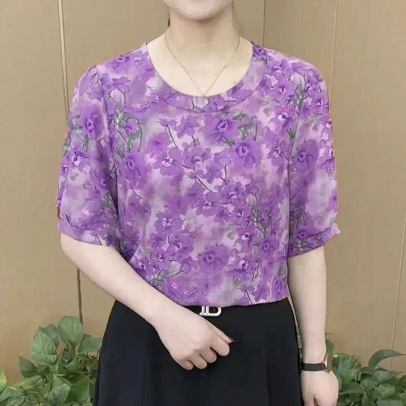 217紫色夏新款女时尚洋气圆领气质T恤小衫减龄百搭短袖上衣妈妈装