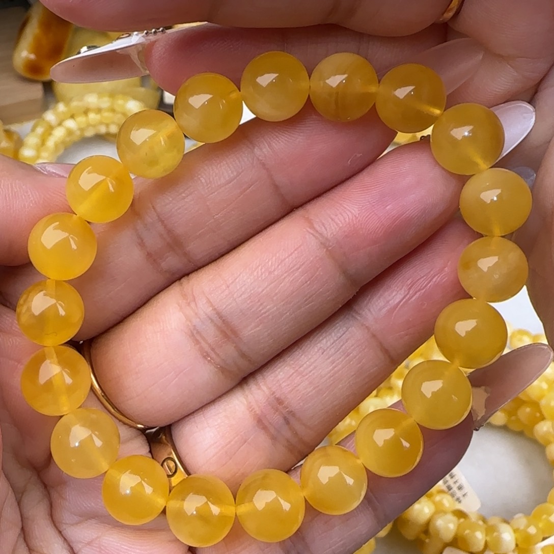 蜜蜡未镶嵌手链鸡油黄圆珠手串