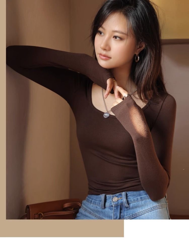 17百搭纯色U领长袖T恤女早秋新款简约内搭圆领打底衫修身显瘦上衣