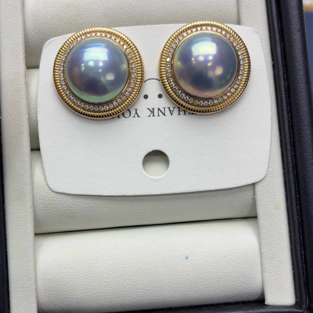 18K金镶嵌拼合珍珠（马贝珠）耳环14-15