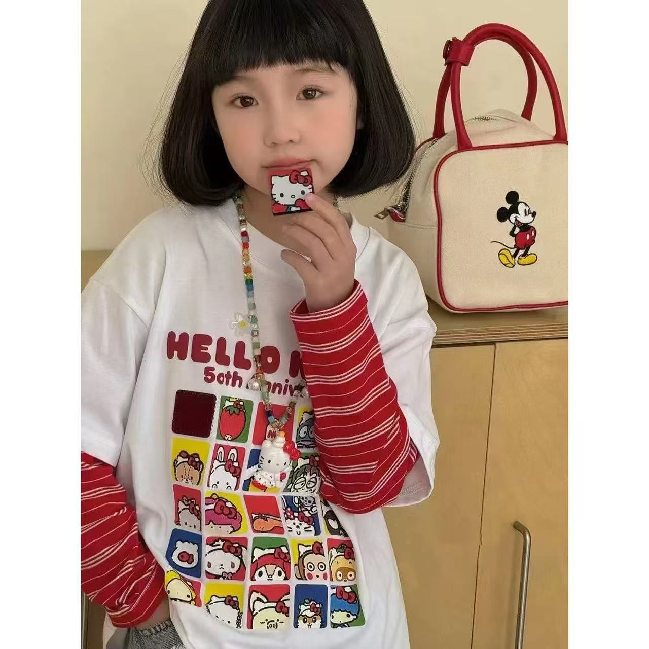 N0270长袖春秋新款女大童假两件上衣儿童装洋气春装潮酷