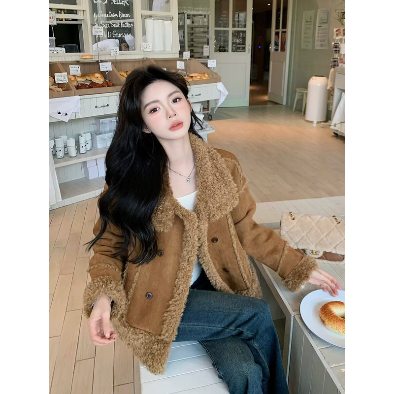 冬咖色美拉德皮毛一体短外套女加绒保暖机车风上衣