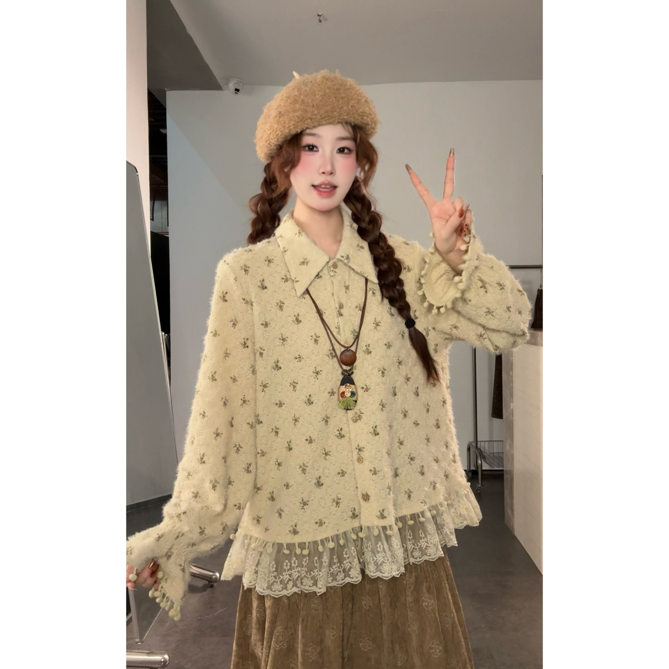 VGVL小卓衬衫秋冬季新款百搭文艺复古碎花衬衫女上衣21230