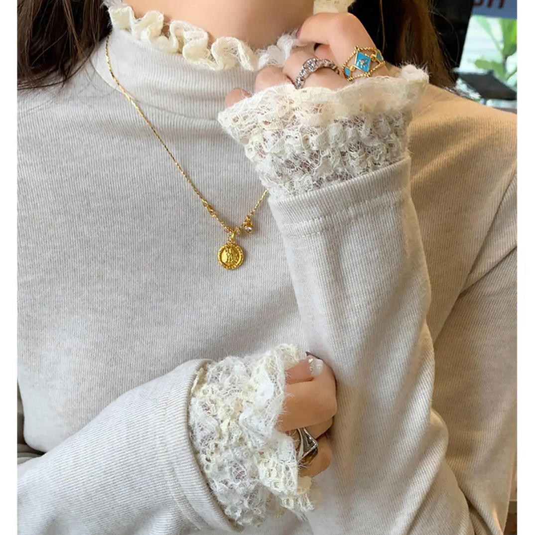 半高领蕾丝磨毛加绒加厚打底衫女内搭秋冬新款高级感上衣