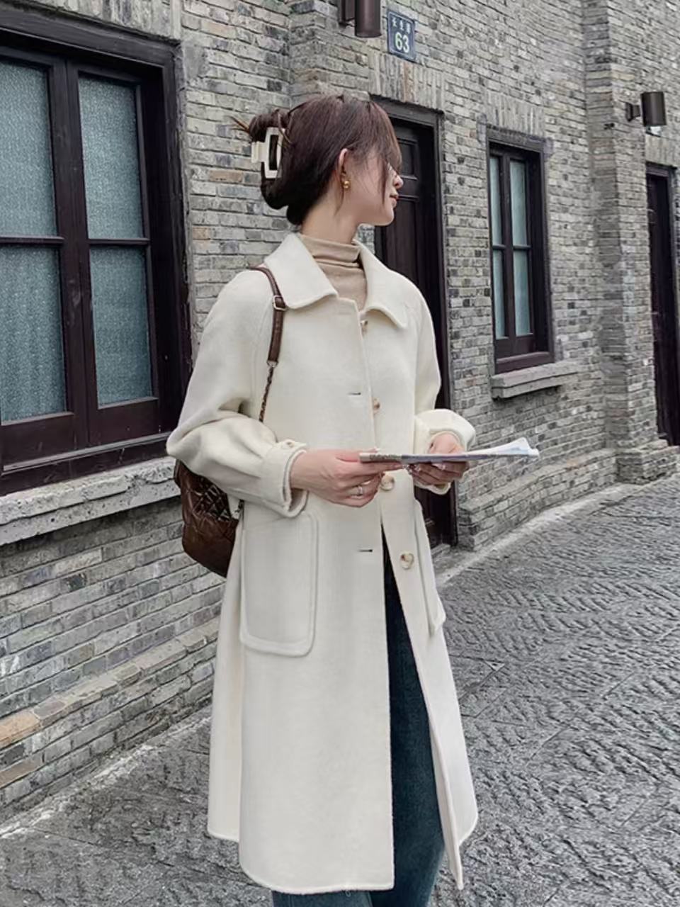 6819-31402 极简中长款厚款百搭翻领呢大衣服女士毛呢外套